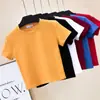 Camiseta de Manga Corta con Cuello Medio y Ombligo al Aire para Mujer, Camiseta Interior de Verano Ajustada con Ombligo al Aire, Top Deportivo de Color Puro de Manga Corta de Cintura Alta