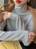 Camiseta Base de Cuello Alto de Derong para Mujer 2024 Otoño e Invierno Nuevo Estilo Estilo Europeo Ajustada Cálida Rayada