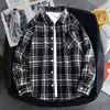 Camisa xadrez de primavera e outono para meninos, modelagem solta, oversized, camisa estilosa de manga comprida para adolescentes, blusa espessa