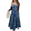 Vestido de Verano Nuevo Europeo y Americano de Aliexpress con Diseño Floral Francés, Ajustado a la Cintura con Tira para Mujer
