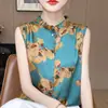 Nova moda de verão, camisa sem mangas estampada estilo chinês para mulheres com gola de renda, colete versátil de puxar, top básico solto e elegante