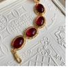 Conjunto de Collar y Pulsera de Vidrio Ovalado con Encaje Hueco Vintage de Época Media Chapado con Oro Real Marcado