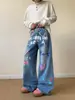 Jeans Estampado Graffiti Retro Americano para Mujer Primavera y Otoño 2025 Nuevos Pantalones de Pierna Ancha Sueltos de Cintura Alta Hasta el Suelo