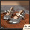 Sapatos Solteiros de Salto Grosso Baixo Estilo Francês para Mulheres, Versátil Fivela Laço Prateado Bico Redondo Sapatos Mary Jane