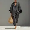 Estilo Moda Europeu e Americano Primavera Verão 2026 Conjunto Feminino Casual Fashionável Manga Morcego Decote V Estilo Preguiçoso Solto
