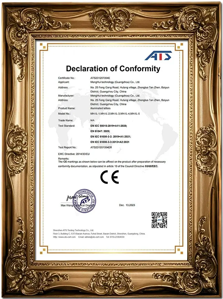 发光字CE符合性文件，仅适用于文件列明产品｜CE document for listed illuminated-letter products