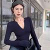 Playera de Hombro de Manga Larga con Cuello en V Azul Xizang para Mujer Otoño Ajustada Ceñida Camiseta Base Color Sólido Ajustada Interior