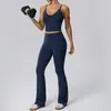 Conjunto de yoga de dos piezas con tejido cepillado por ambos lados, camisola sexy de cuello en V profundo y pantalones largos invisibles levanta-glúteos, ropa deportiva europea y americana OEM personalizada