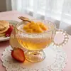 Taza de Café Alta de Vidrio con Asa de Perlas, Taza de Desayuno, Taza con Forma de Pétalo para el Té de la Tarde, Taza de Postre, Vaso para Jugo