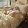 Primavera y Verano Clase A Suave y Amigable con la Piel Fresco Color Sólido Encaje Estilo Coreano Algodón Lavado Juego de Ropa de Cama de Cuatro Piezas para Dormitorio Juego de Tres Piezas