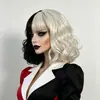 Amazon Peruca Cruella Cos Bruxa Preto e Branco Europeia e Americana Curta Cacheada Peruca Completa Exportação Transfronteiriça Fábrica Estoque Pronto