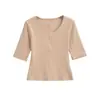 Camiseta Sexy de Chica Popular con Escote Bajo en U, Patchwork, Manga Media, Color Sólido, Nueva Elegante Versátil Ajustada Corta de Base para Primavera y Verano
