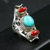 Anillo de Turquesa Roja Plateado Estilo Étnico, Abierto Estilo Tibetano Joyería Vintage, Turquesa de Alta Gama