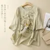 Bordado Gran Marca Liquidación Fin de Temporada Lino Camisa Pequeña Top Mujer Bordado Pesado Holgado Delgado Algodón Lino Manga Corta Camisa Top