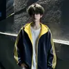 Sudadera con capucha de punto a rayas de color block estilo americano para hombre, otoño, peso pesado, hombro normal, chaqueta de marca de alta gama, de moda, con capucha
