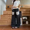 Pantalones a cuadros con bolsillo de parche estilo retro americano para hombre y mujer, de otoño, corte recto holgado, pantalones largos deportivos casuales para parejas