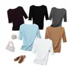 Novedad de Verano Hombro Descubierto Manga de Cinco Puntos Patrón Ondulado Tejido de Gasa Yangzi de los Años 60 Moda Transpirable Color Sólido Top para Mujer