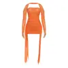 Em Estoque Cores Variadas Moda Novo Vestido Feminino Gola Halter com Mangas de Dedo, Fita de Renda, Design Franzido, Vestido Sexy Liso