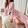 Nuevo Transfronterizo Tentación Sexy de Pijama de Rayas Rosas Largas Delgado para Verano para Mujer Ropa de Casa Sexy Camisón de Rayas