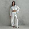 Pijama Transfronteiriça Europeia e Americana Primavera/Verão 2026 Nova Tricotada Branca Gola Redonda Conjunto de Duas Peças Manga Comprida Calça Comprida Roupa de Descanso Feminina