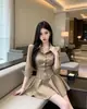 Vestido Camisa de Cinturón con Diseño de Nicho para Mujer Otoño Caqui Solapa Manga Larga Ceñidor de Cintura Adelgazante Petite Sexy