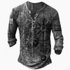 Vintage Impresso Olho de Pássaro Pano Manga Longa V-Neck Aberto Placket Top Tamanho Grande Masculino 3D Digital T-shirt Cruz Europeia e Americana
