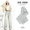 Jeans Feminino de Cintura Alta com Cobre Quadril Perna Larga 2025 Novo Primavera Verão Outono Senso de Alto Padrão Calça Reta Ligeiramente Solta