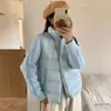 Camisa longa de algodão azul com gola, estilo coreano, de corte solto, para mulheres, top bordado, visual jovem e pequeno, estilo college suave