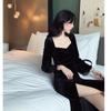 Vestido Negro Corto Vintage de Otoño 2020 Nuevo Nicho Francés Terciopelo Abertura Vestido Largo Cintura Ceñida Adelgazante Vestido Elegante