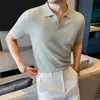 Nueva Camiseta de Hielo de Seda de Verano 2026 de Gama Alta Elegante con Cuello de Gaviota y Diseño Hueco Transpirable, Camisa Polo de Punto de Manga Corta para Hombre