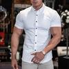 Comercio exterior transfronterizo talla europea color liso muscular Hombres Fitness manga corta solapa camisa fina color liso deportiva casual camisa hombres