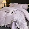 Colcha de Terciopelo de Leche Tallada Francesa Juego de Cama de Cuatro Piezas Borde de Encaje Rosa Terciopelo Engrosado de Doble Cara Suministros de Terciopelo Coral
