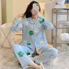 Pijama feminino de primavera e outono com gola virada, cardigã de manga comprida, plus size, solto e doce, fofo, adequado para usar fora, roupa de casa pós-parto