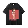 Camiseta retro americana de manga corta desgastada en negro con estampado de anime vintage, holgada y suelta para uso diario