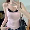 Camisola sexy e única com retalhos de renda, estilo duas peças falsas para mulheres, peça externa de verão justa sem mangas, atacado