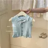 Traje de Verano para Niñas 2025 Nuevo Moda Infantil Chaleco de Punto Azul Top Falda Conjunto de Dos Piezas