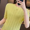 Nueva ropa de mujer de verano, top de punto acanalado de algodón puro con cuello redondo estilo coreano, camiseta elegante y versátil