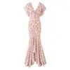 Ropa europea y americana para mujer transfronteriza, popular en AliExpress, estampado floral de rosas, escote en V profundo, dobladillo irregular, vestido largo de sirena