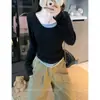Top de manga larga para mujer talla grande, estilo nuevo Otoño 2025, bloques de color, único, falso dos piezas, adelgazante, ajustado a la cintura