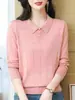 Top de punto con cuello polo de hilo de núcleo para mujer, camiseta de manga larga, nuevo estilo otoño 2026, cuello de solapa, camiseta básica para madres de mediana edad