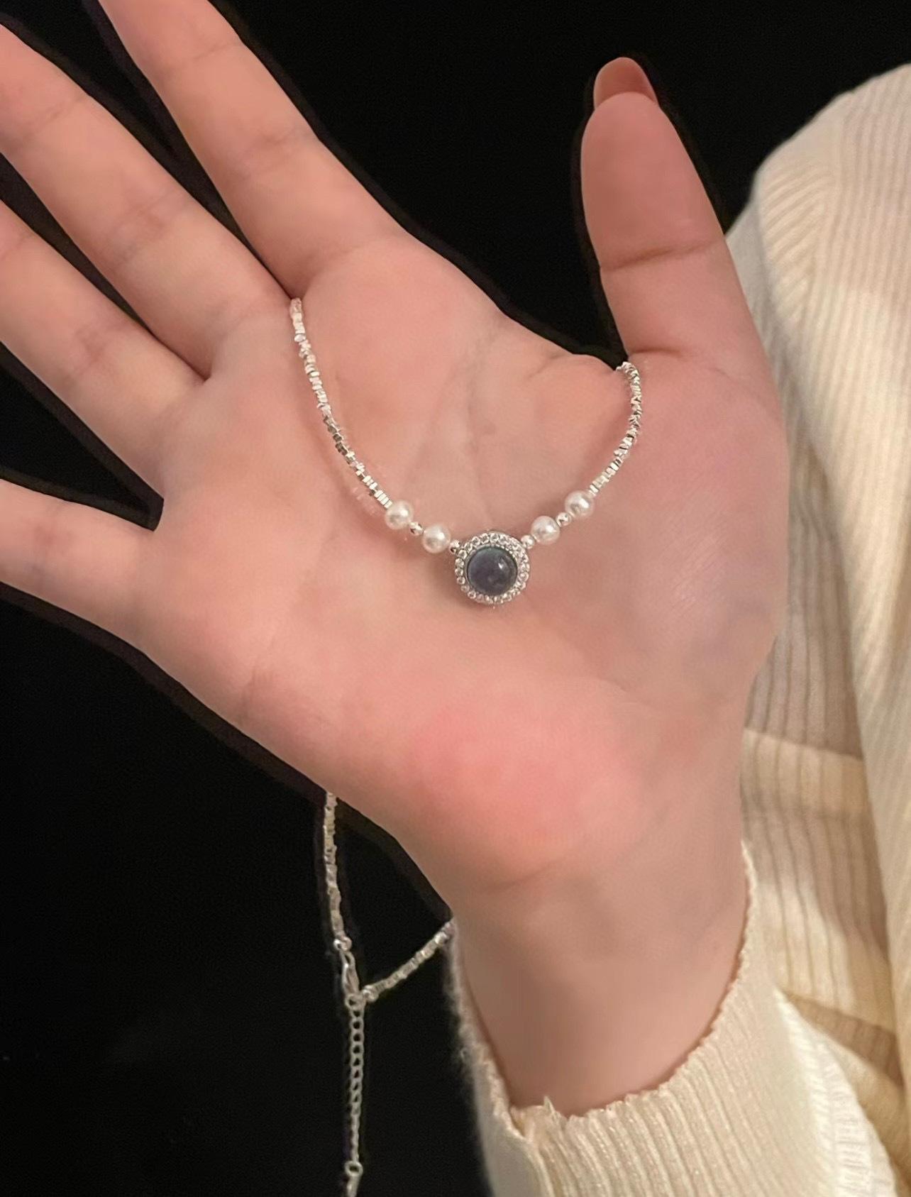 s925纯银碎银子海蓝宝吊坠锁骨链手工编织天然淡水