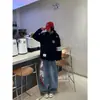 Traje de outono para casal estilo americano para o dia a dia: moletom com capuz, casual, de corte solto, bordado com letra e design único