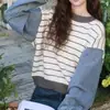Suéter de Punto Patchwork Rayado de Mezclilla Versátil Estilo Coreano para Mujer, Estilo Otoño e Invierno, Suéter Casual Holgado de Nicho Petite