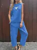 Enviado 2026 Sudeste Asiático Algodão Linho Moda Casual Solto Conjunto de Duas Peças Feminino Top Sem Mangas Calças Soltas Feminino
