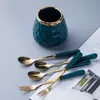 Juego Premium de Tenedor y Cuchara para Fruta con Tarro de Cerámica Martillada para Almacenamiento, Palillos para Fruta de Acero Inoxidable para el Hogar, Tenedores para Postre al por Mayor