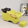 Cama de champú semi-reclinable de color personalizado para salón con lavabo de cerámica engrosado, cama de champú para venta al por mayor transfronteriza con reposapiés