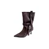 Botas de tornozelo de salto alto com bico fino em camurça versáteis, estilo europeu e americano
