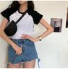 Top Feminino Color Block Manga Curta Estilo Coreano Cintura Alta Tendência Ins Versátil Estudante Verão 2026 Novo Cropped Camiseta para Mulheres