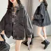 Jaqueta jeans cinza chumbo para estudantes, estilo coreano, corte solto, jaqueta plus size feminina, top de vestuário jeans