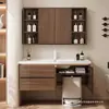 Aspiradora robot estilo mid-century, estación base, combinación, mueble de baño, lavabo integrado de cerámica, madera de nogal